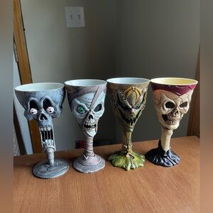 Lot of 4 Skull /Skeleton / Scarecrow Halloween Wine Goblets Drinking Glasses